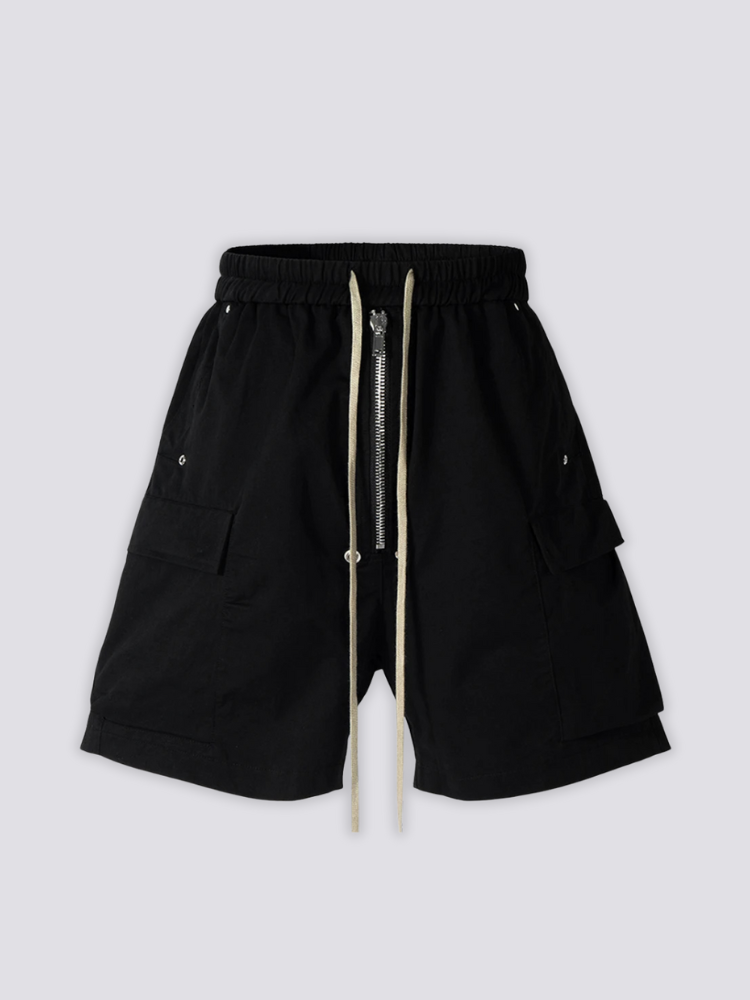 Schwarze Cargo-Shorts, Seitenansicht Detail – Denim-Shorts Herren japanischer Streetwear