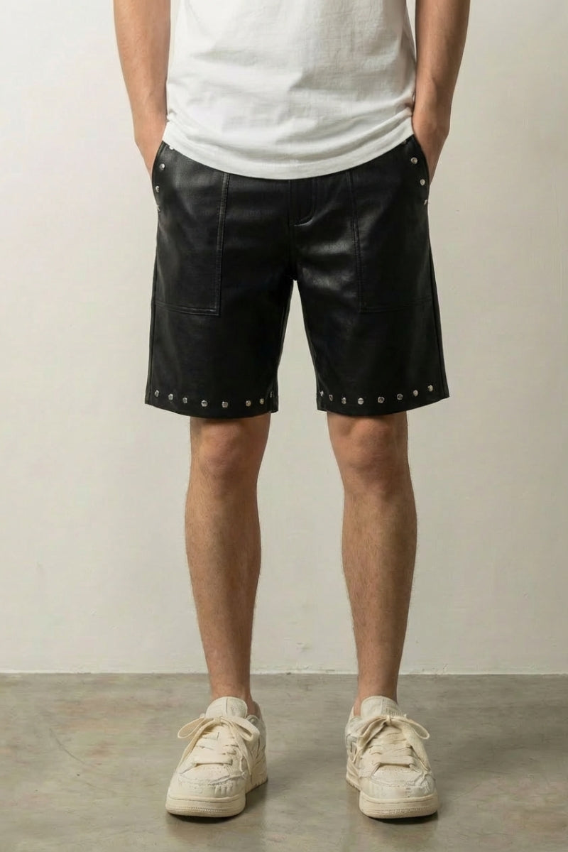 Schwarze Ledershorts – Denim-Shorts Herren japanischer Streetwear, Vorderansicht