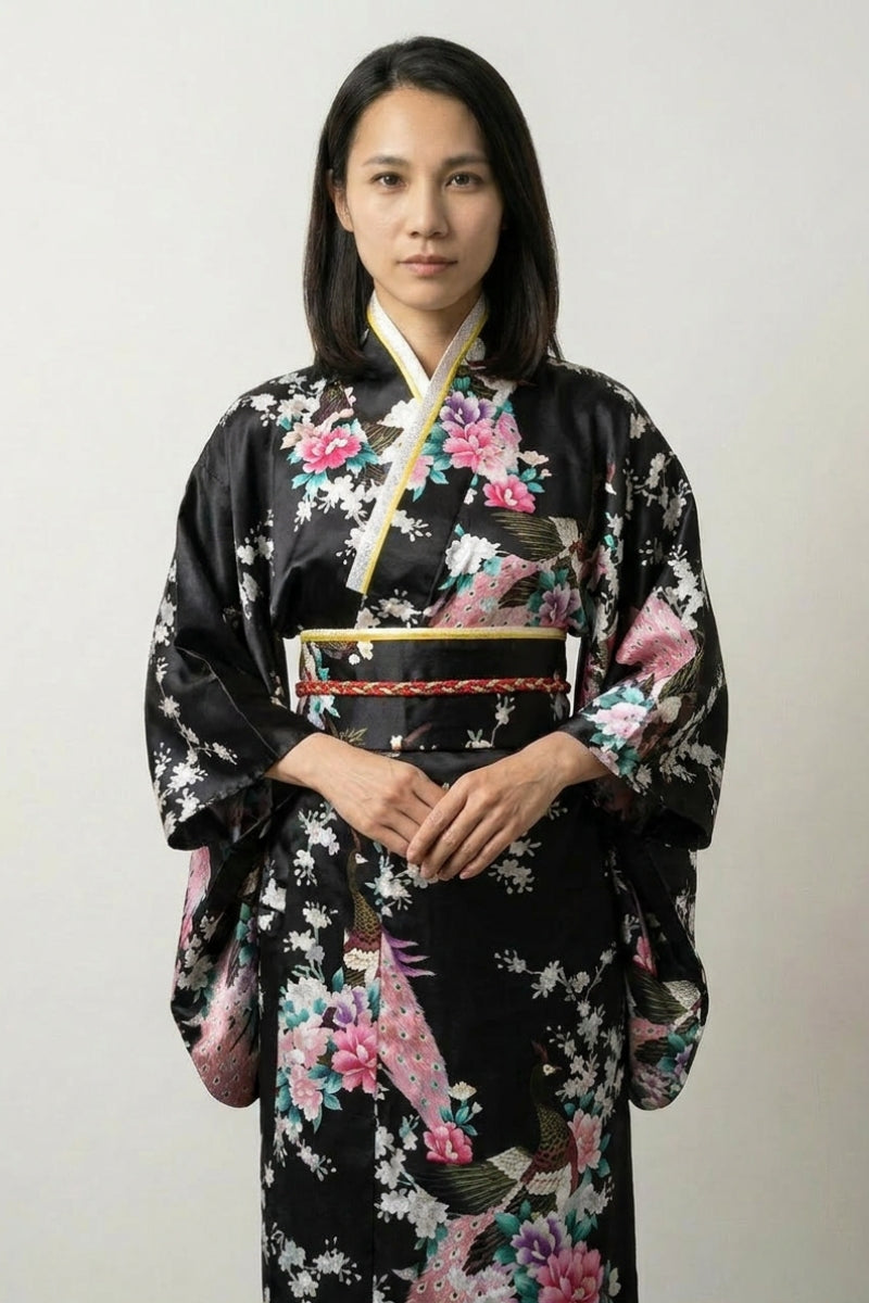Schwarzer Japanischer Pfauen-Kimono 'Yoruka' – japanischer Damen-Kimono mit Obi, Pfau, Pfingstrosen und Sakura, Vorderansicht