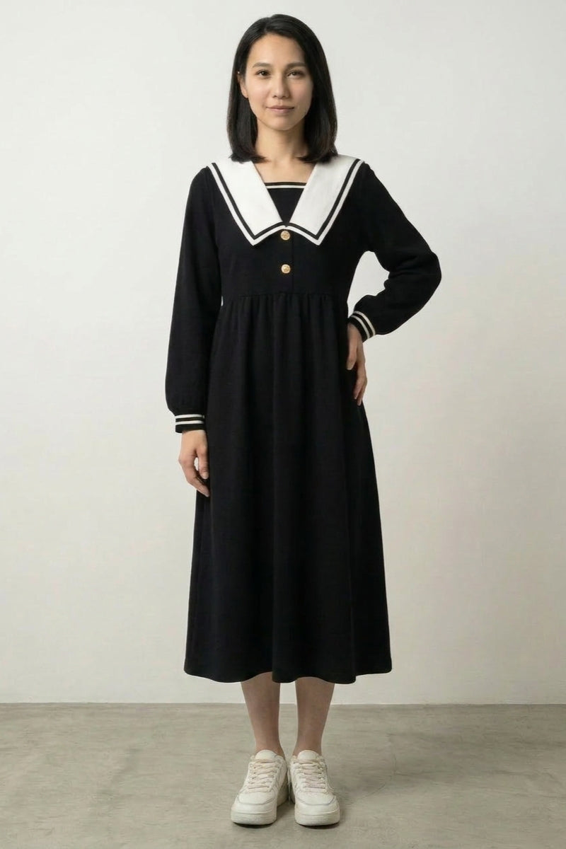 Schwarzes Japanisches Kleid 'Sashiko' – japanisches Damenkleid, schwarzes Kleid mit weißem Matrosenkragen, Vorderansicht