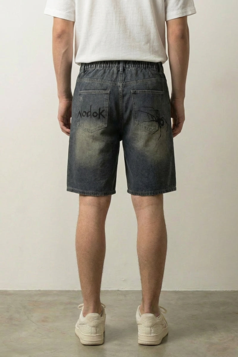 Spider Web Denim Shorts, Rückansicht – Denim-Shorts Herren japanischer Streetwear