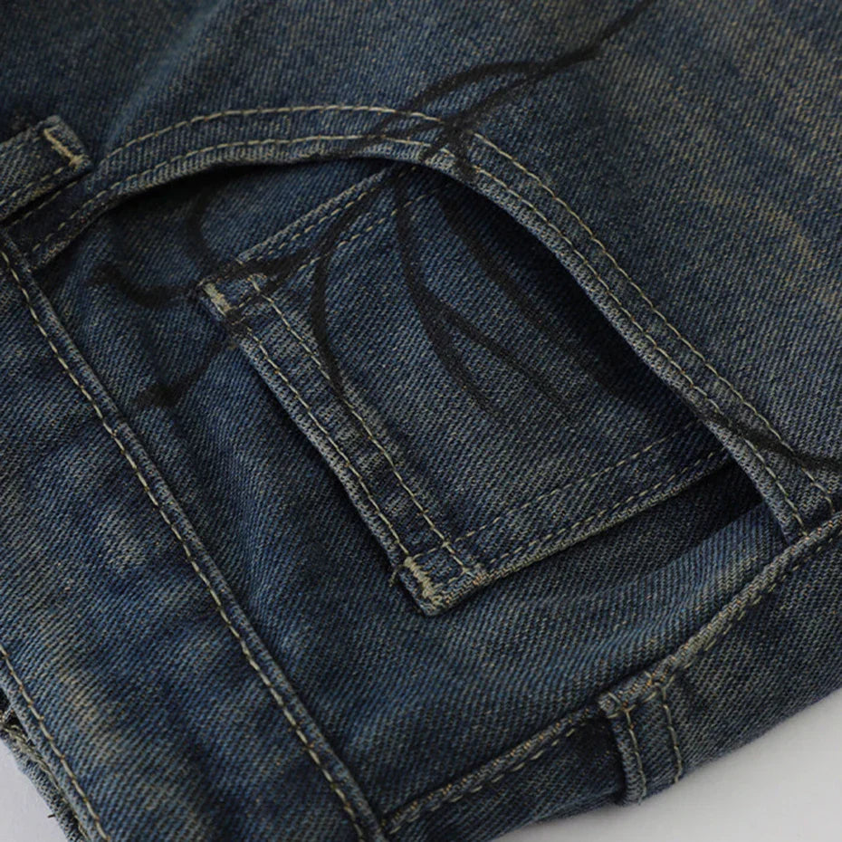 Spider Web Denim Shorts, Detailaufnahme Stoff – Denim-Shorts Herren japanischer Streetwear