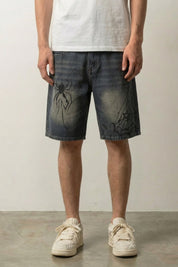 Spider Web Denim Shorts – Denim-Shorts Herren japanischer Streetwear, Vorderansicht