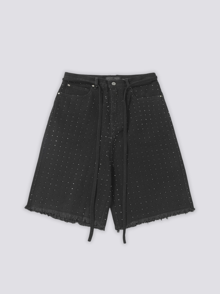 Strass-Denim-Shorts, Seitenansicht Detail – Denim-Shorts Herren japanischer Streetwear
