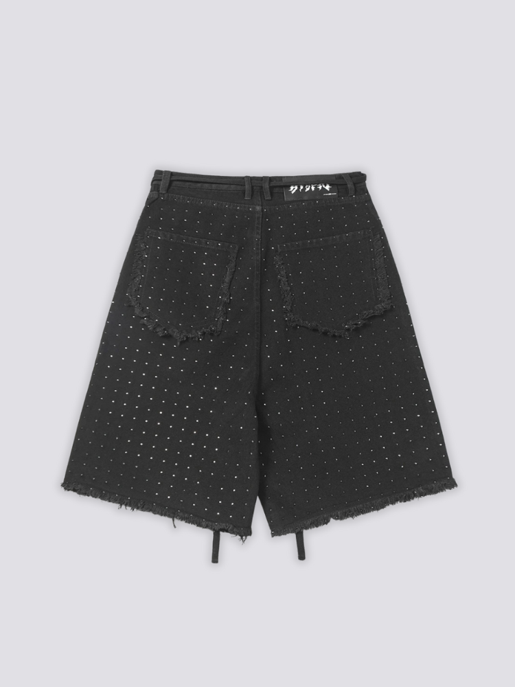 Strass-Denim-Shorts, getragene Ansicht – Denim-Shorts Herren japanischer Streetwear
