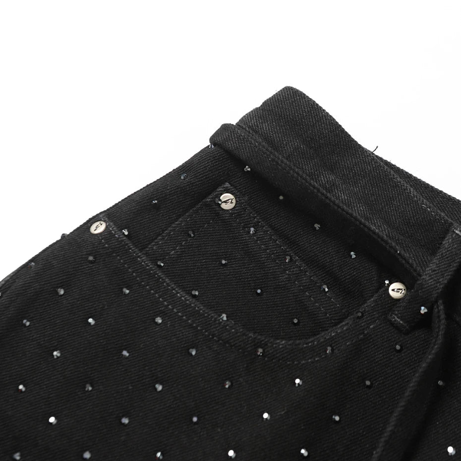 Strass-Denim-Shorts, Vorderansicht – Denim-Shorts Herren japanischer Streetwear