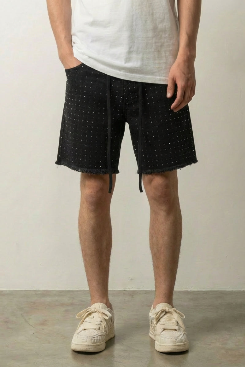 Strass-Denim-Shorts – Denim-Shorts Herren japanischer Streetwear, Vorderansicht