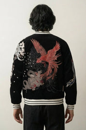 Japanische Sukajan-Souvenirjacke mit Phönix Hō-ō und Schildkröte auf Samt, Rückenansicht der Stickerei