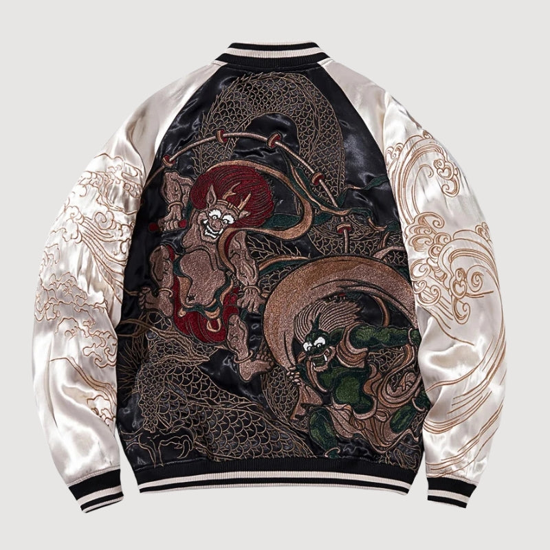 Japanische Yokai-Sukajan 'Fujin Raijin' – Detailansicht 6