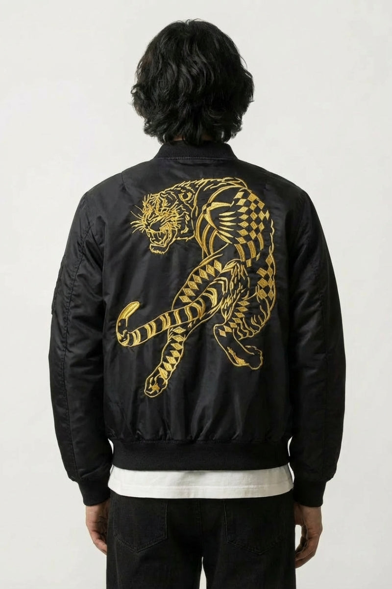 Mythischer Tiger Aviator-Bomber aus Leder – Stickerei Rückseite