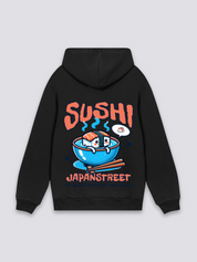 Sushi-Hoodie in Schwarz, oversize Kapuzenpullover mit Lachs-Sushi-Schale und Stäbchen