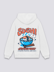 Sushi-Hoodie in Weiß, japanischer Streetwear-Hoodie mit Lachs-Sushi-Schale und Stäbchen