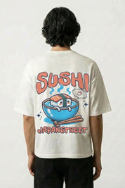 Sushi T-Shirt mit Lachs-Sushi-Schale und Stäbchen, japanischer Food-Druck, oversize Baumwolle, Vorderansicht
