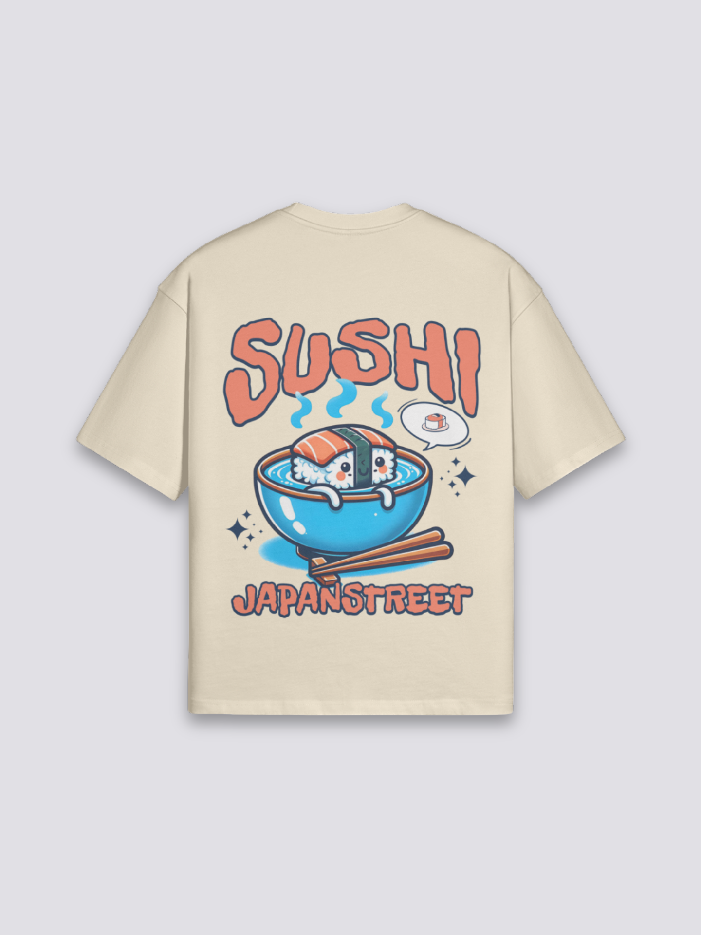 Sushi T-Shirt mit Lachs-Sushi-Schale und Stäbchen, japanischer Food-Druck, oversize Baumwolle, Detailansicht des Motivs