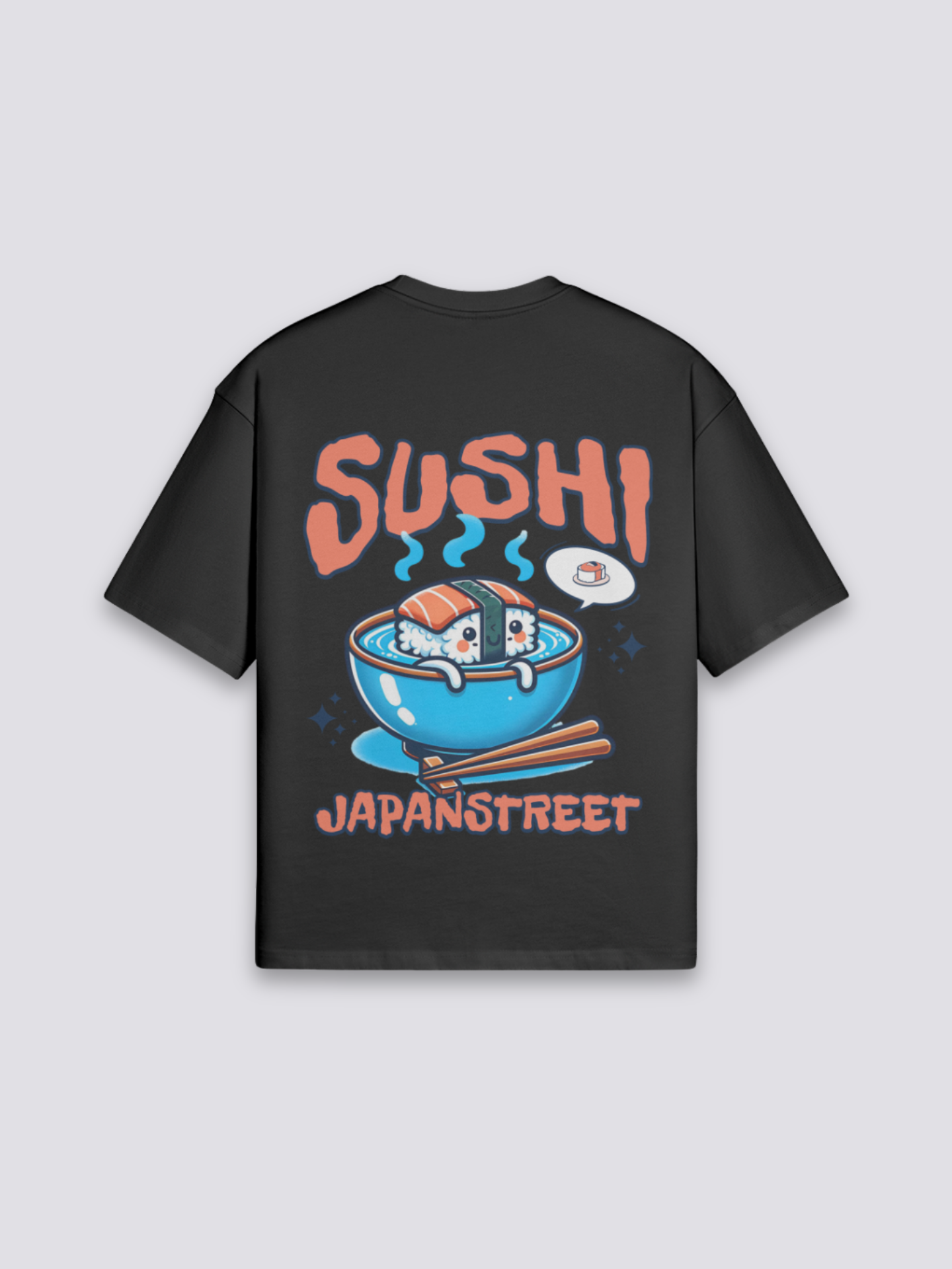 Sushi T-Shirt mit Lachs-Sushi-Schale und Stäbchen, japanischer Food-Druck, oversize Baumwolle, Nahaufnahme des Drucks