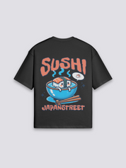 Sushi T-Shirt mit Lachs-Sushi-Schale und Stäbchen, japanischer Food-Druck, oversize Baumwolle, Nahaufnahme des Drucks