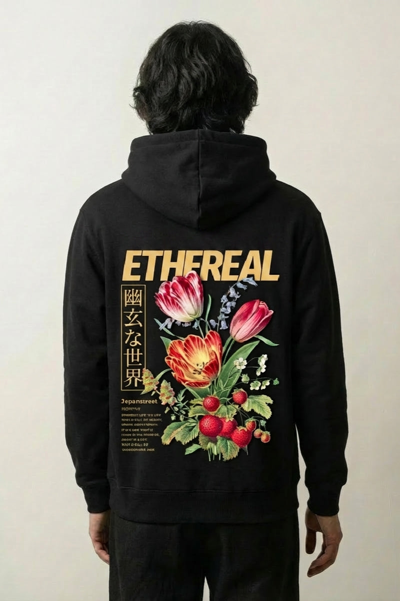 Japanischer Blumen-Hoodie - フラワーズ – Studioaufnahme Rückseite