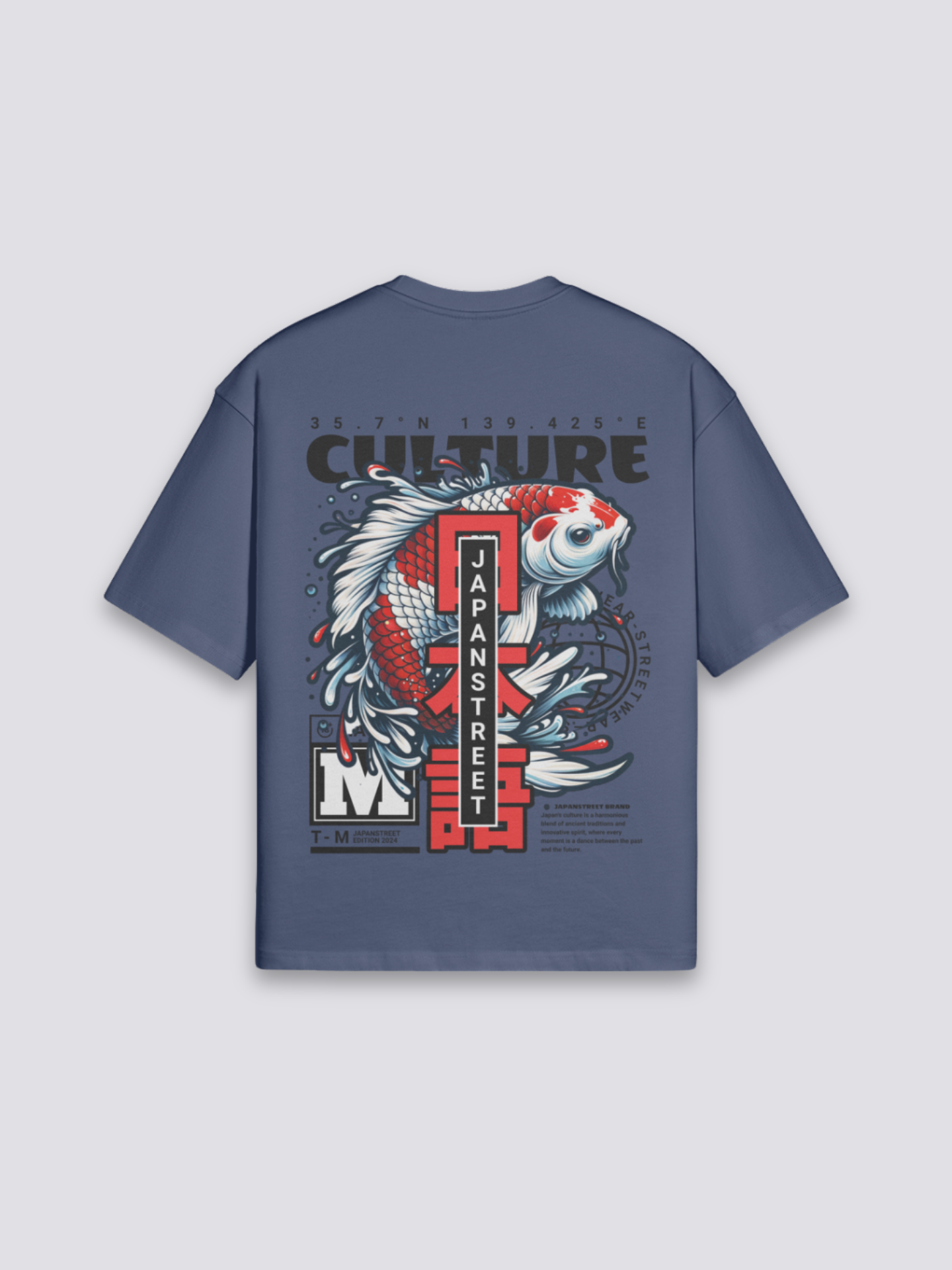 T-Shirt aus japanischer Baumwolle, Heavy 280 g, dezenter Koi-Druck, Premium-Basic oversize, seitliche Ansicht