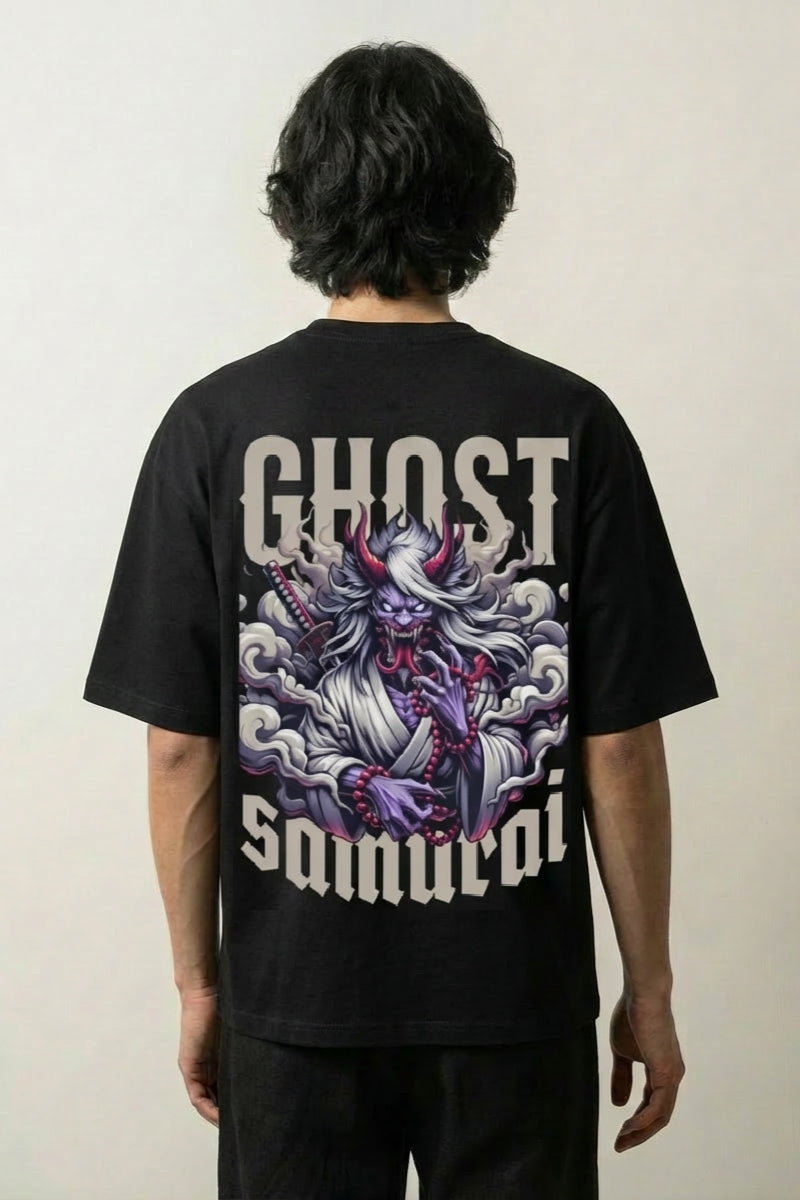 T-Shirt im japanischen Stil mit Geister-Samurai, Cyberpunk-Tech-Noir-Druck, oversize Baumwolle, Vorderansicht