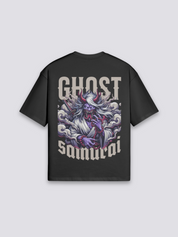 T-Shirt im japanischen Stil mit Geister-Samurai, Cyberpunk-Tech-Noir-Druck, oversize Baumwolle, Rückenansicht mit Rückendruck