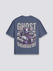 T-Shirt im japanischen Stil mit Geister-Samurai, Cyberpunk-Tech-Noir-Druck, oversize Baumwolle, Detailansicht des Motivs