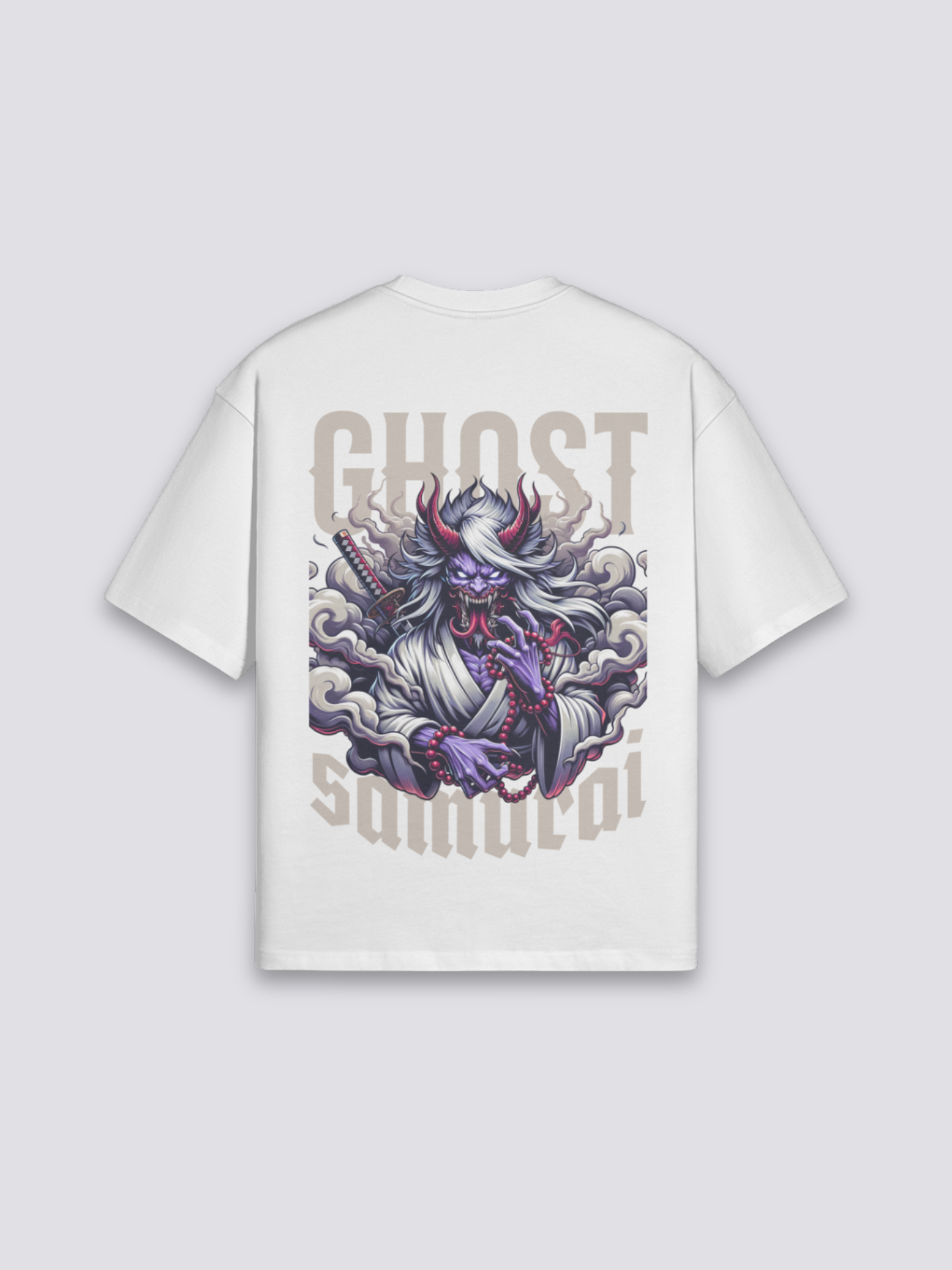 T-Shirt im japanischen Stil mit Geister-Samurai, Cyberpunk-Tech-Noir-Druck, oversize Baumwolle, seitliche Ansicht