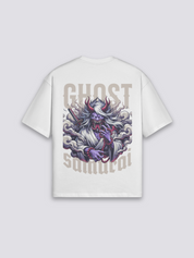 T-Shirt im japanischen Stil mit Geister-Samurai, Cyberpunk-Tech-Noir-Druck, oversize Baumwolle, seitliche Ansicht