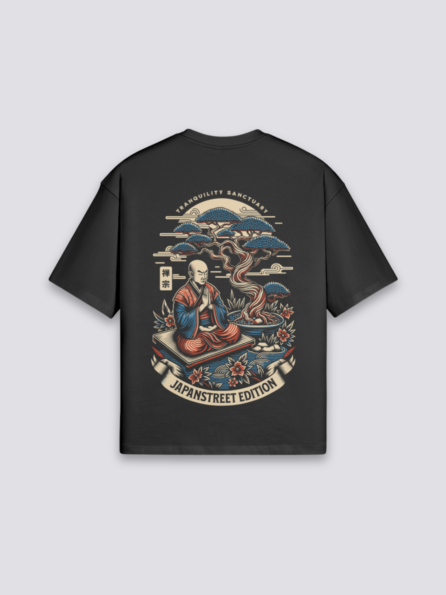 T-Shirt mit japanischem Aufdruck, Mönch und Bonsai, Zen-Tranquility-Druck, oversize Baumwolle, Rückenansicht mit Rückendruck