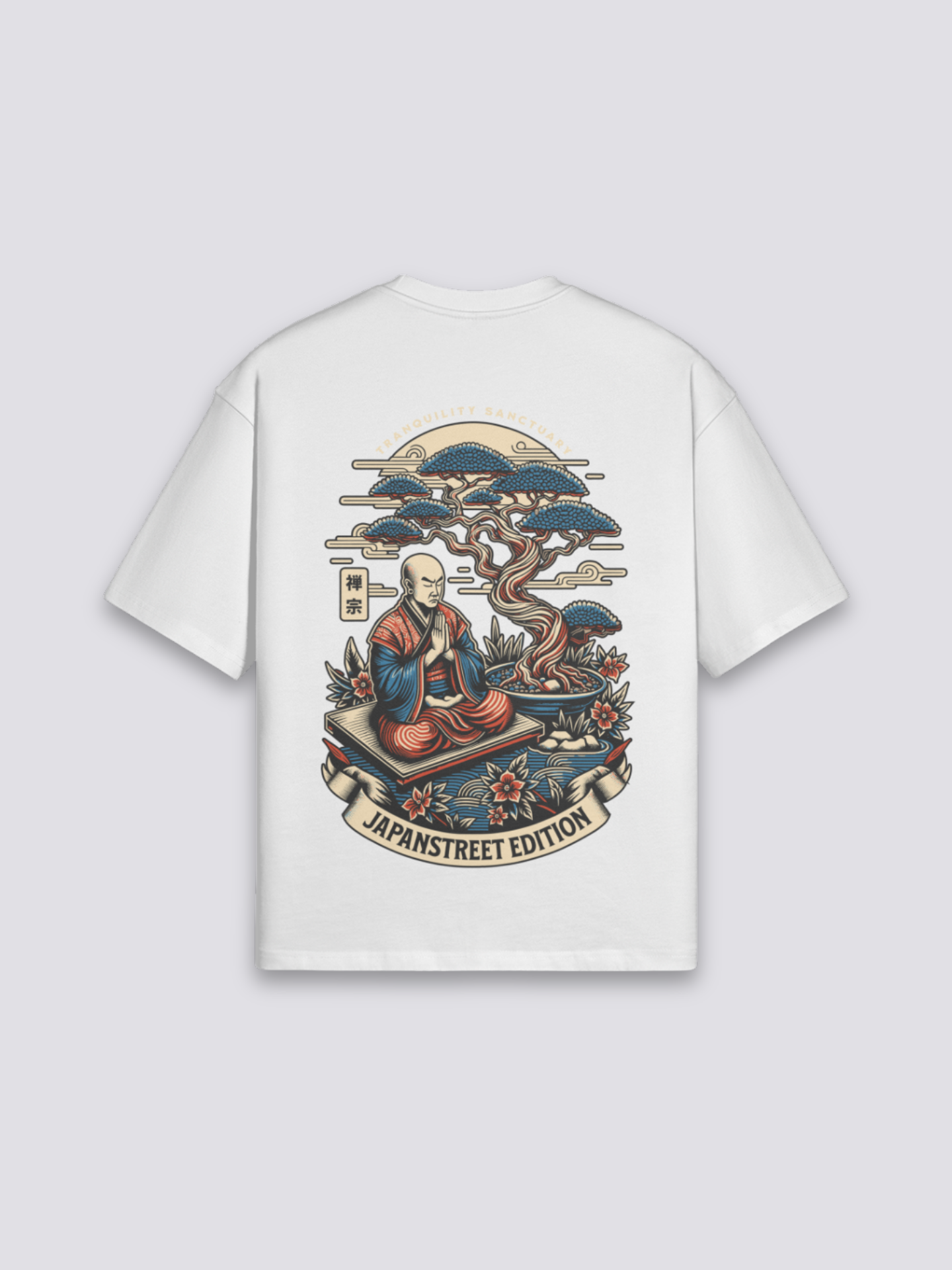 T-Shirt mit japanischem Aufdruck, Mönch und Bonsai, Zen-Tranquility-Druck, oversize Baumwolle, Nahaufnahme des Drucks
