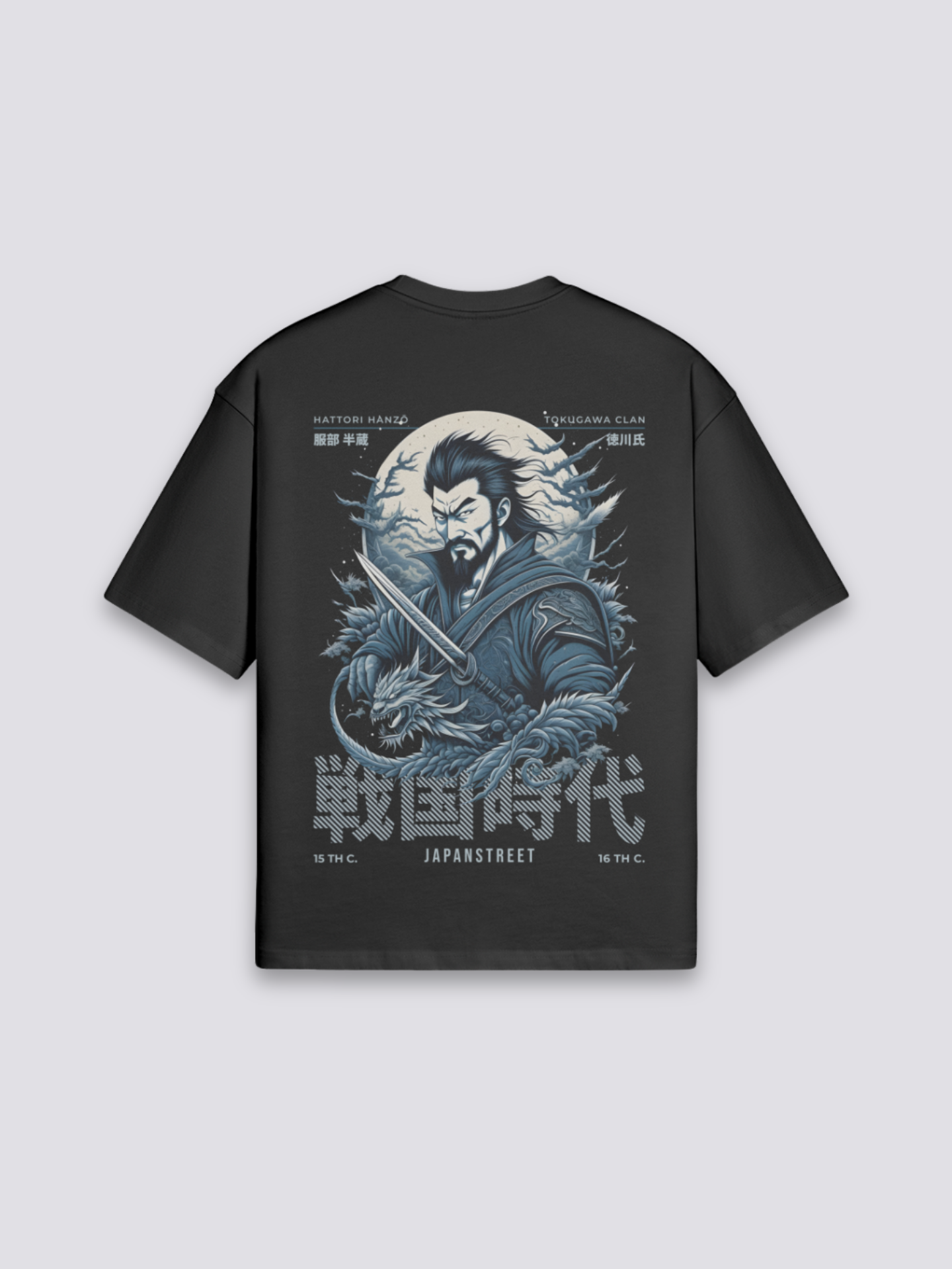 T-Shirt mit japanischer Schrift, Shodo-Kalligrafie und Samurai, oversize Baumwolle Streetwear, Detailansicht des Motivs