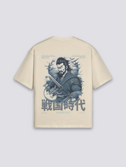 T-Shirt mit japanischer Schrift, Shodo-Kalligrafie und Samurai, oversize Baumwolle Streetwear, Nahaufnahme des Drucks