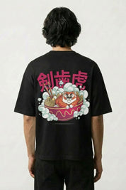 T-Shirt mit japanischer Schrift, Katakana Ramen und Säbelzahntiger, Typografie-Druck, oversize, Vorderansicht