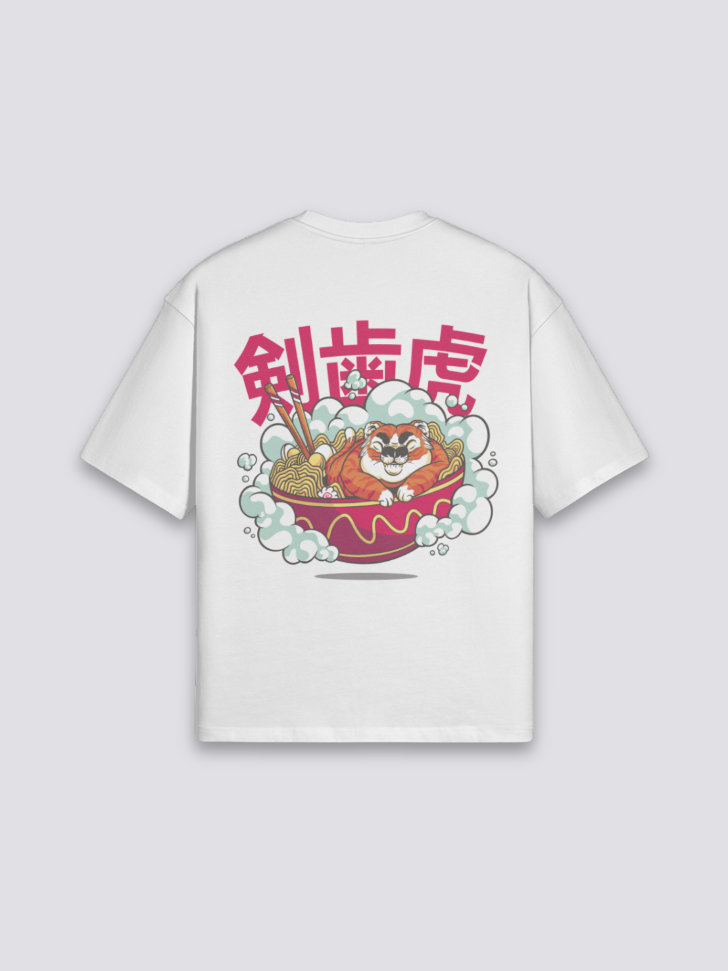 T-Shirt mit japanischer Schrift, Katakana Ramen und Säbelzahntiger, Typografie-Druck, oversize, Rückenansicht mit Rückendruck