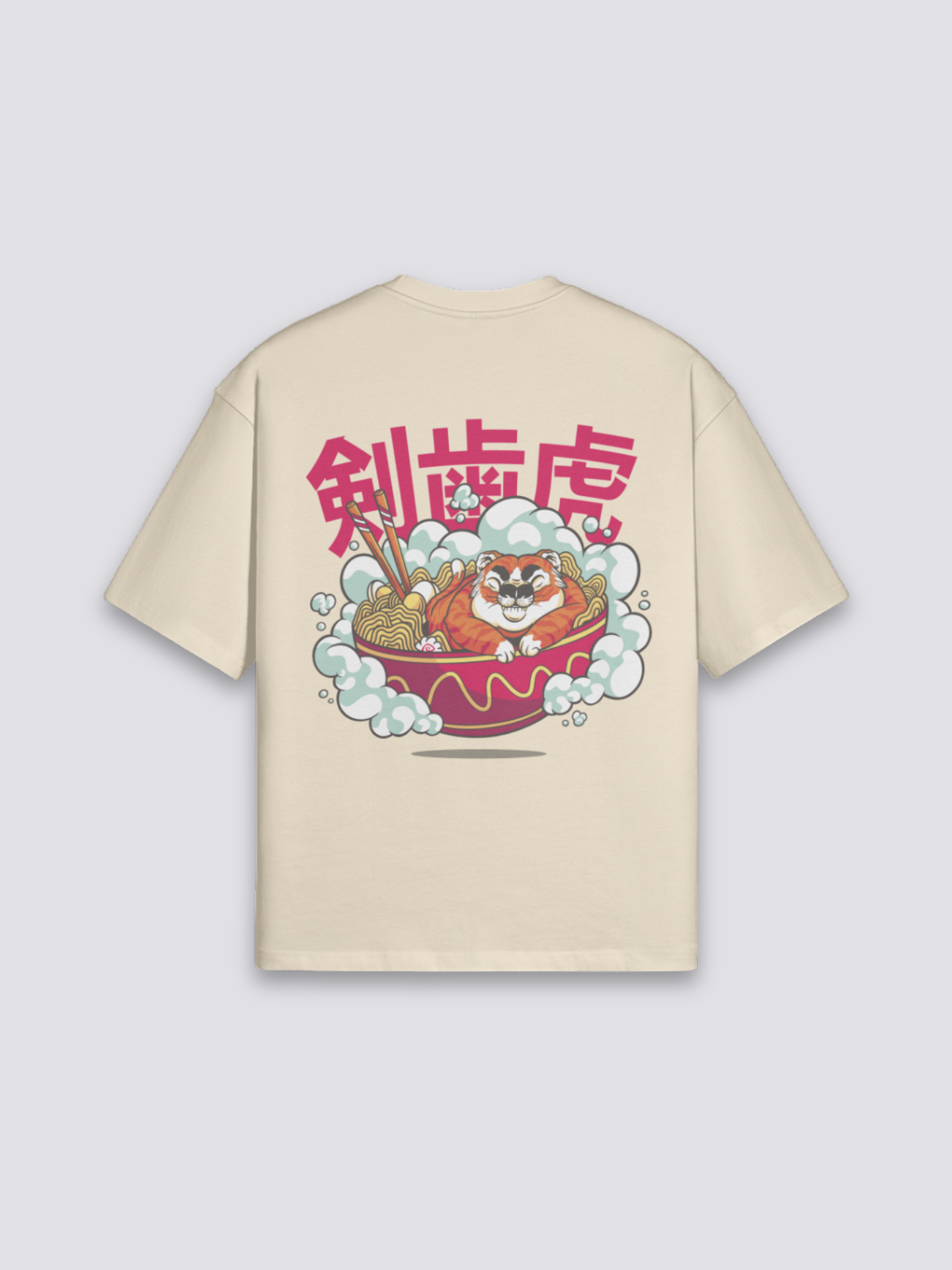 T-Shirt mit japanischer Schrift, Katakana Ramen und Säbelzahntiger, Typografie-Druck, oversize, Detailansicht des Motivs