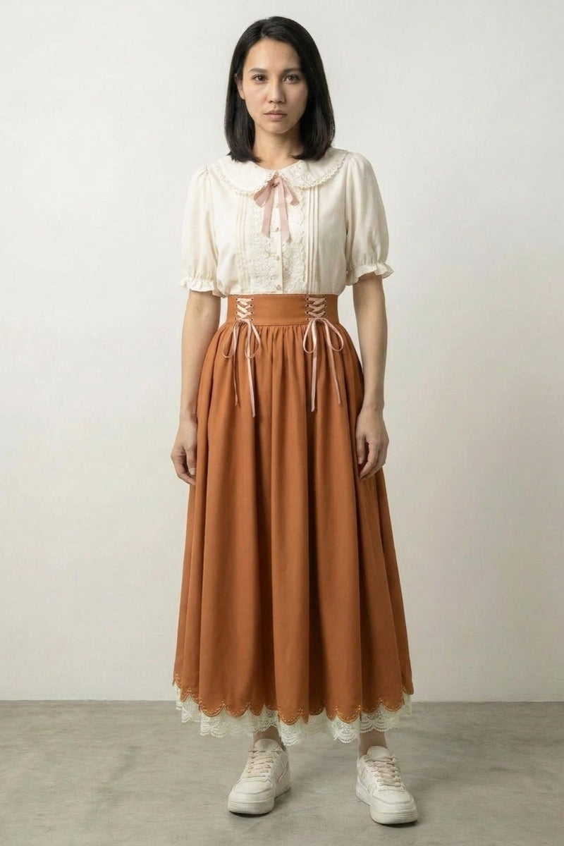 Terracotta Japanisches Kleid 'Kakiha' – japanisches Damenkleid, Taishō-Set, Bubikragen und Terracotta-Korsettrock, Vorderansicht