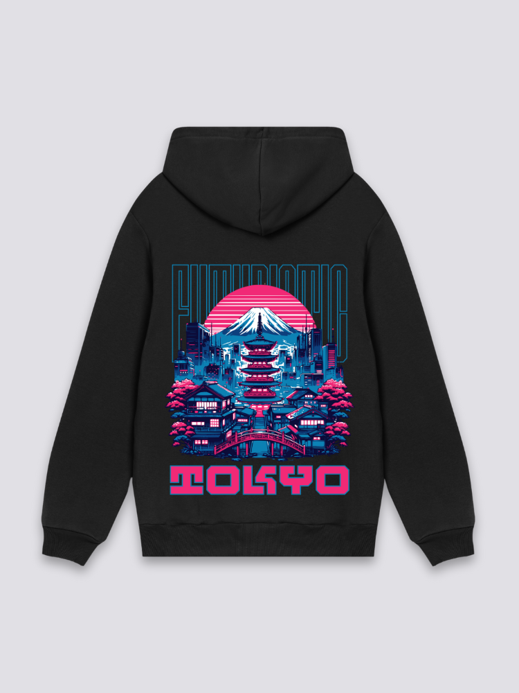 Tokio-Hoodie in Schwarz, oversize Kapuzenpullover mit Pagode, Fuji und futuristische Skyline