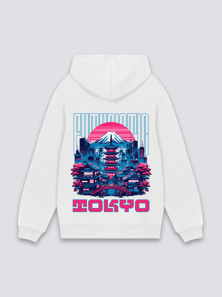 Tokio-Hoodie in Weiß, japanischer Streetwear-Hoodie mit Pagode, Fuji und futuristische Skyline