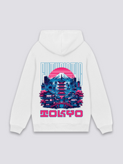 Tokio-Hoodie in Weiß, japanischer Streetwear-Hoodie mit Pagode, Fuji und futuristische Skyline