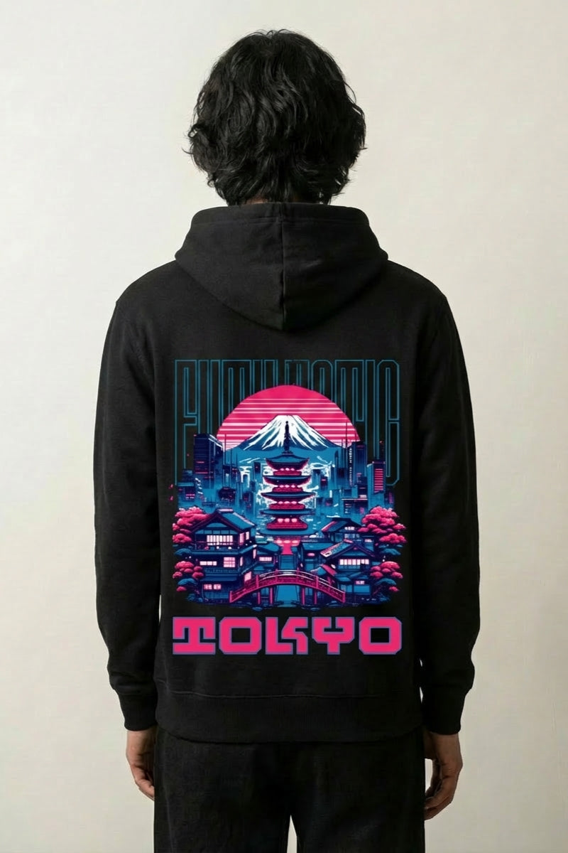 Tokio-Hoodie mit Pagode, Fuji und futuristische Skyline, Rückenansicht des oversize Streetwear-Hoodies