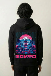Tokio-Hoodie mit Pagode, Fuji und futuristische Skyline, Rückenansicht des oversize Streetwear-Hoodies