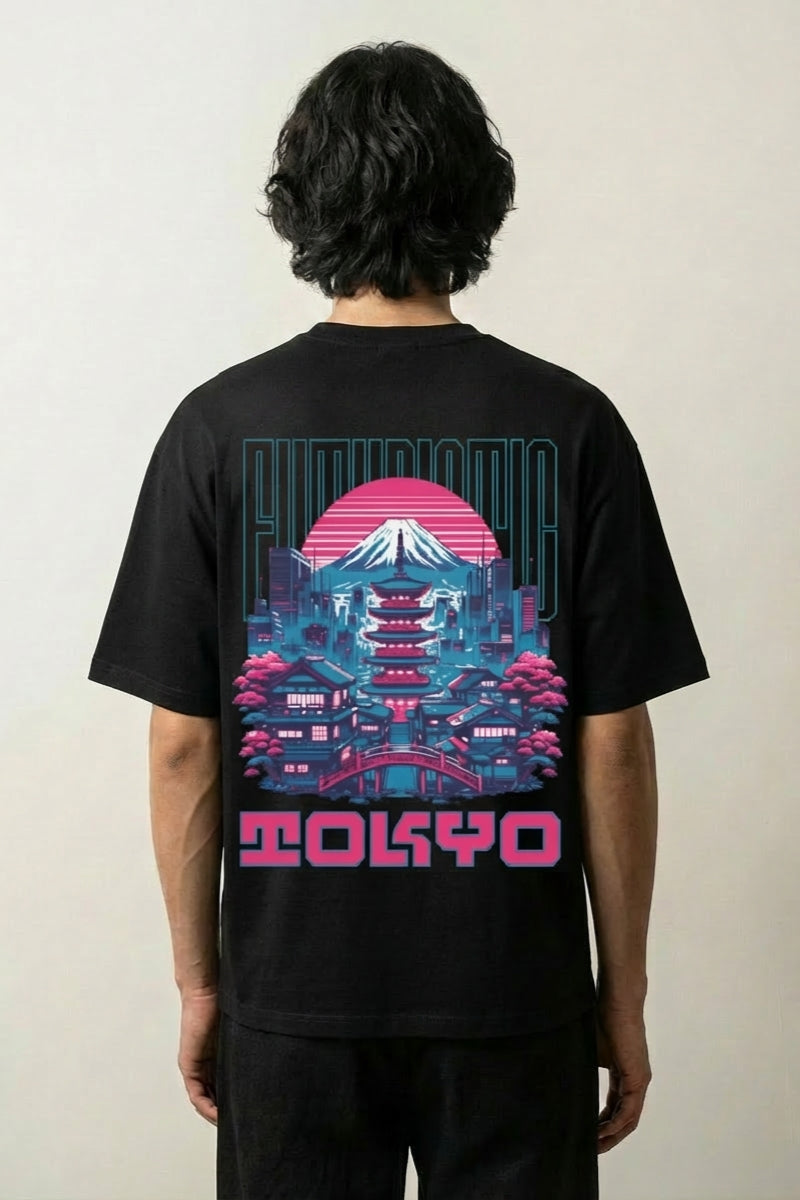 Tokio T-Shirt mit Pagode, Berg Fuji und Neon-Architektur, retrofuturistischer Druck, oversize, Vorderansicht