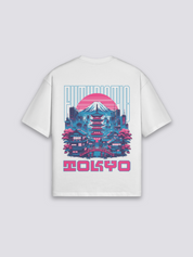 Tokio T-Shirt mit Pagode, Berg Fuji und Neon-Architektur, retrofuturistischer Druck, oversize, Detailansicht des Motivs