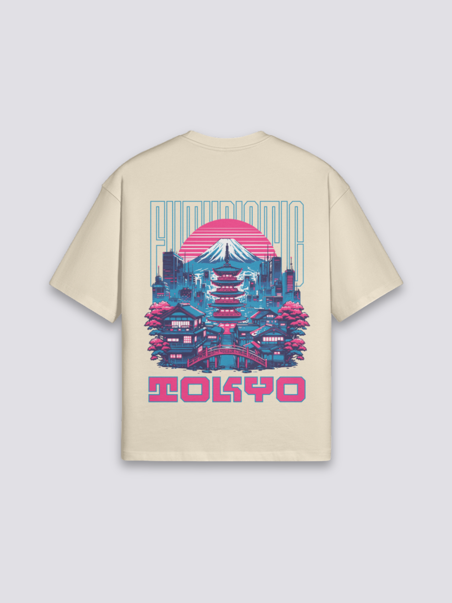 Tokio T-Shirt mit Pagode, Berg Fuji und Neon-Architektur, retrofuturistischer Druck, oversize, seitliche Ansicht