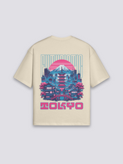Tokio T-Shirt mit Pagode, Berg Fuji und Neon-Architektur, retrofuturistischer Druck, oversize, seitliche Ansicht