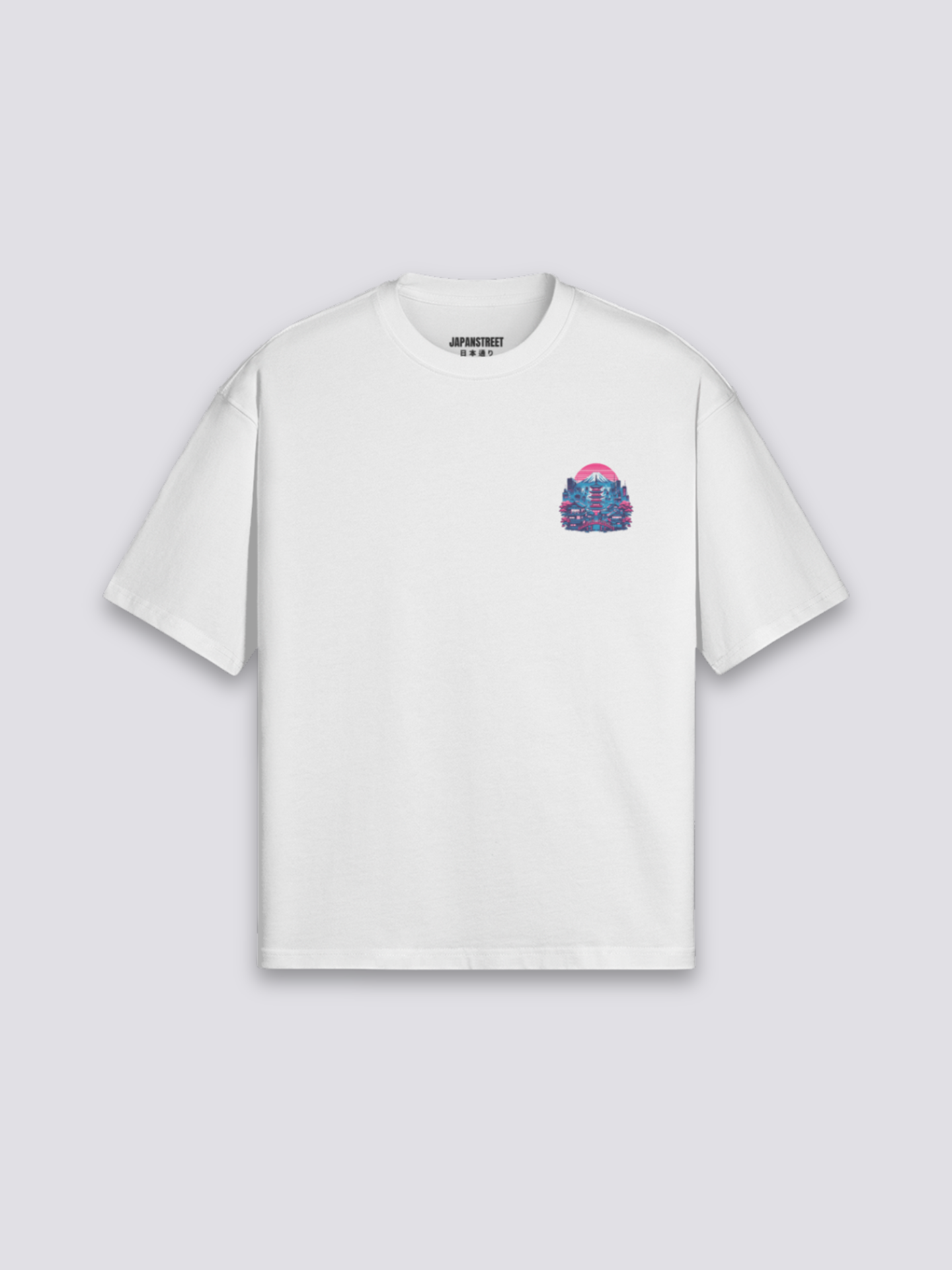 Tokio T-Shirt mit Pagode, Berg Fuji und Neon-Architektur, retrofuturistischer Druck, oversize, Vorderansicht Farbvariante