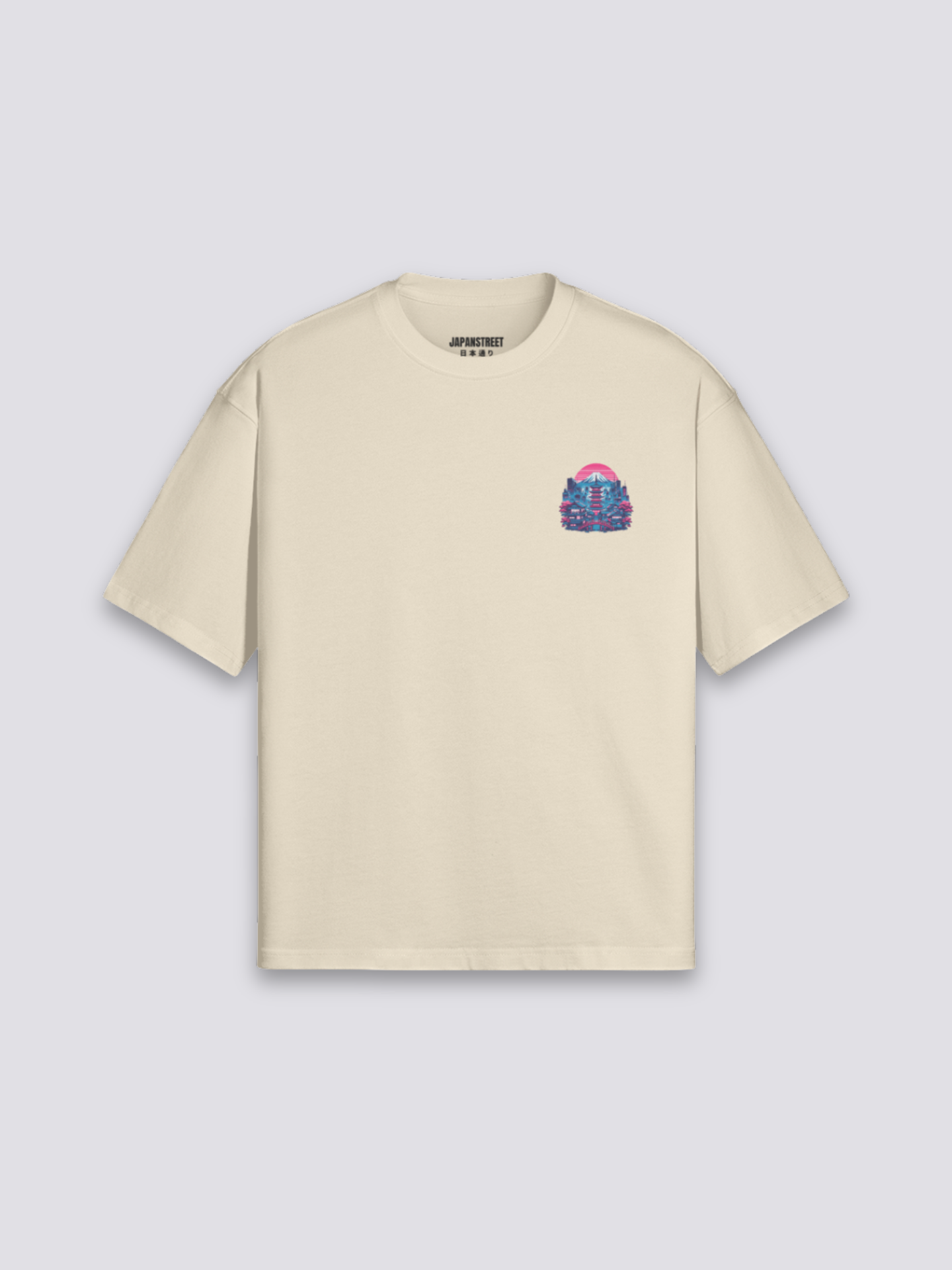 Tokio T-Shirt mit Pagode, Berg Fuji und Neon-Architektur, retrofuturistischer Druck, oversize, Rückenansicht Farbvariante
