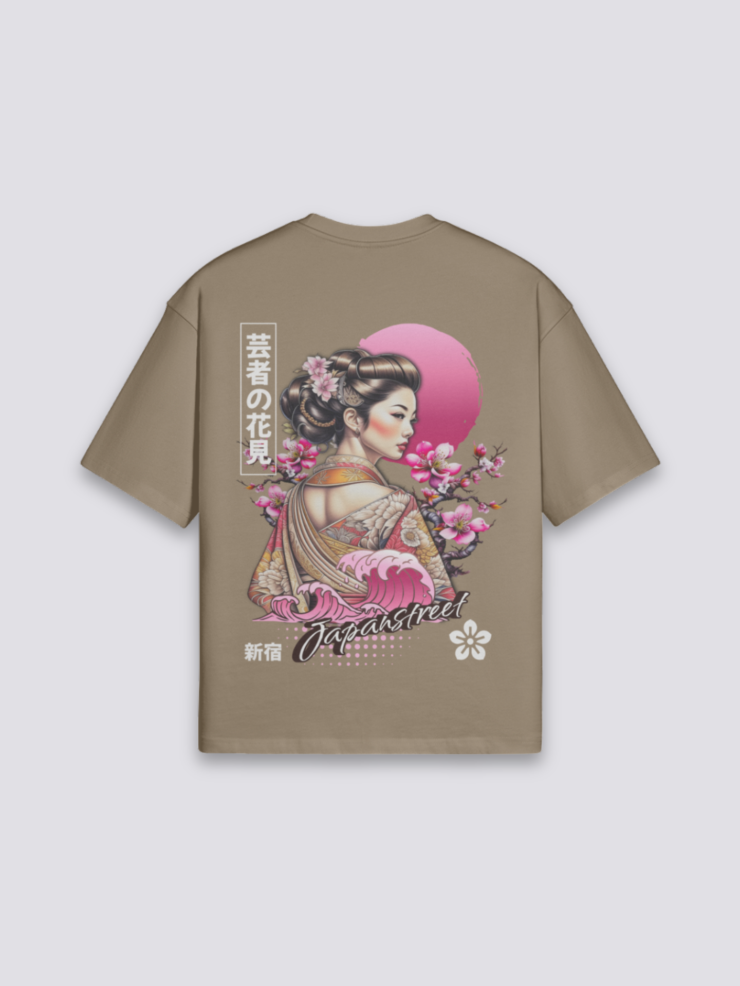 Tokyo Geisha T-Shirt mit Maiko unter Kirschbäumen, Hanami-Druck, oversize Baumwolle Damen, seitliche Ansicht
