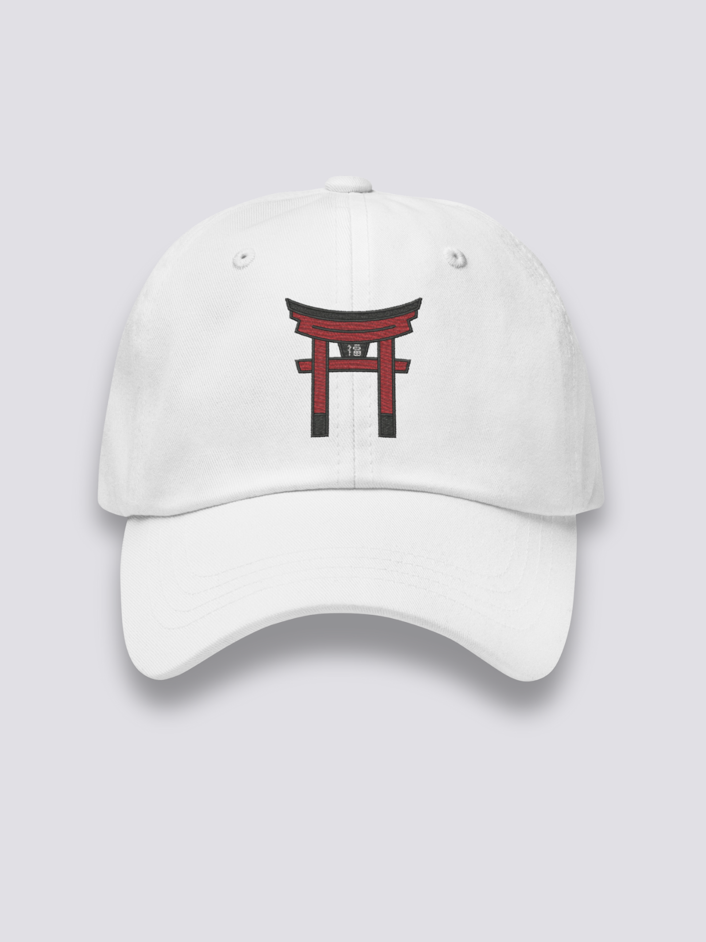 Torii-Cap – japanische Cap, großes gesticktes zinnoberrotes Torii, Detailaufnahme der Stickerei