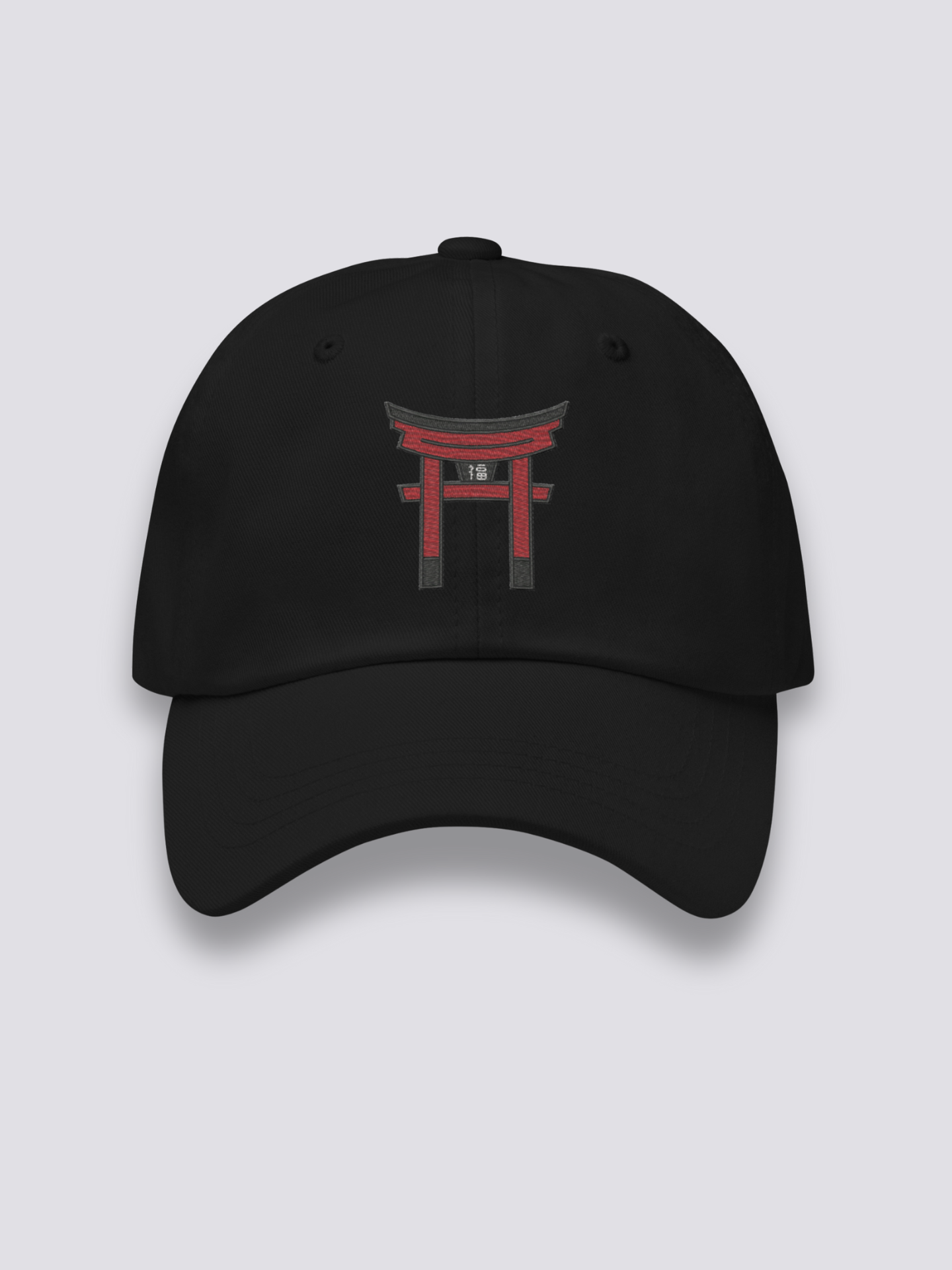 Torii-Cap – japanische Cap, großes gesticktes zinnoberrotes Torii, Vorderansicht