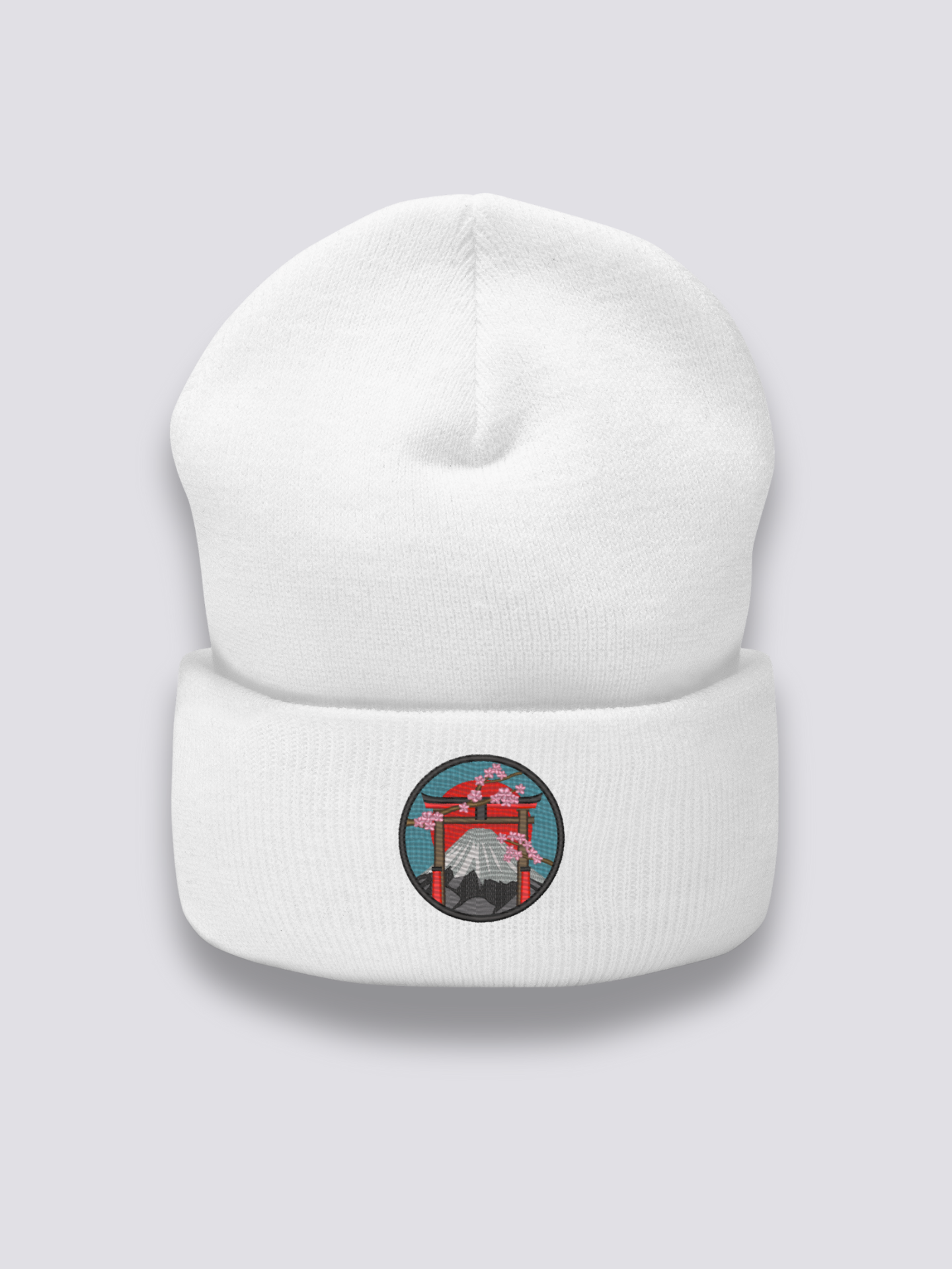 Traditionelle japanische Beanie – Beanie, gesticktes Torii mit Fuji und Sakura, Seitenansicht
